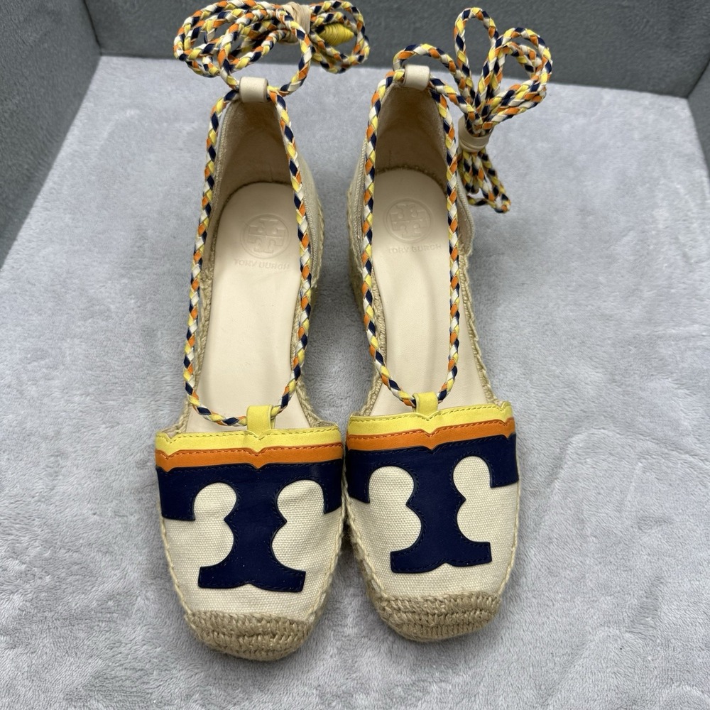 Tory Burch Laguna 60 Espadrille Wedge Sandals Women's 5M Ivory Navy Orange